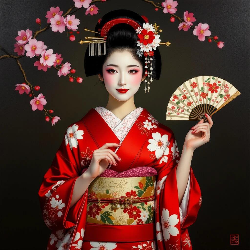 Oil painting of a girl in traditional Japanese geisha outfit. Red kimono with floral pattern featuring sakura and foliage. White tabi socks. Charming posture with a slight tilt of the head. Confident yet playful expression with a soft gaze. Refined hairstyle complemented by an okobo hair accessory. Subtle makeup. Elegant but relaxed stance holding a decorative fan near her face. Delicate hand gestures. Dark background with warm lighting. Detailed textures and high-quality art with cinematic composition.