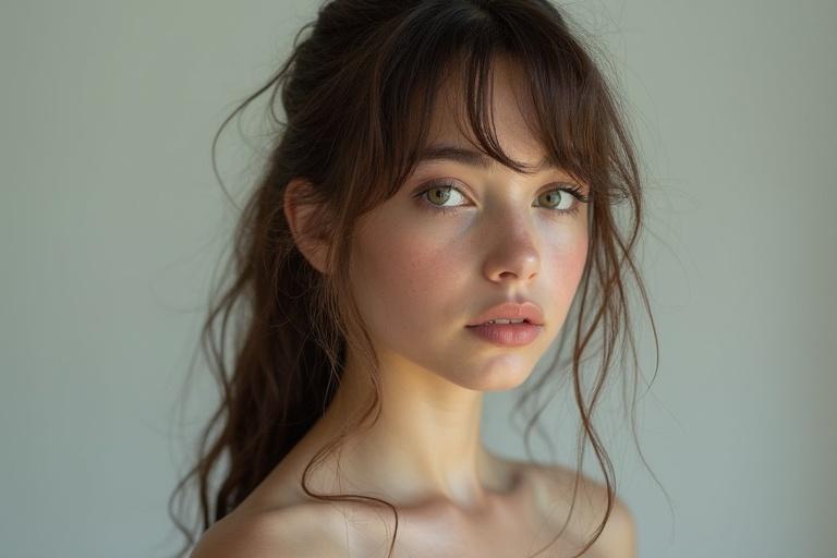 A girl with no ornaments and accessories. She has long hair, a natural look, and green eyes. The background is neutral and soft.