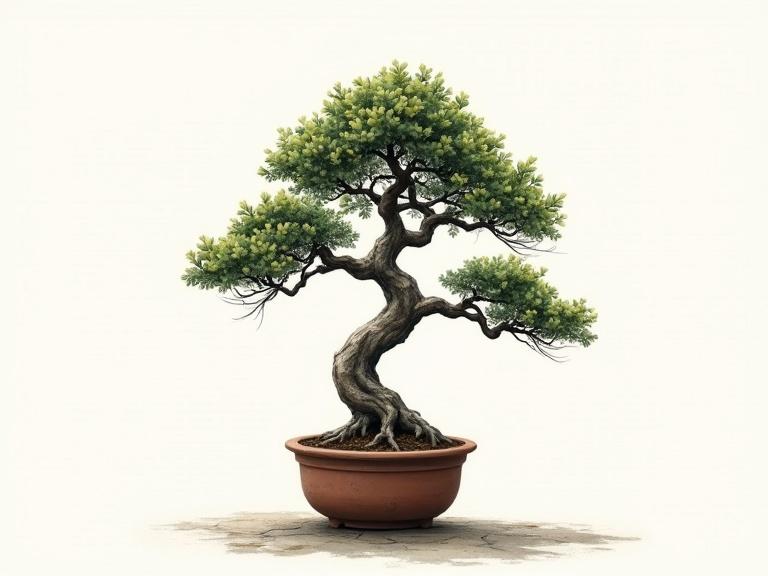Print of super realistic bonsai tree created with hand painted acrylic. Tree features sparse leaves set against a minimal background. The trunk is wonky and gnarled. Clumpy groups of leaves are present. The tree is placed in a simple clay pot.