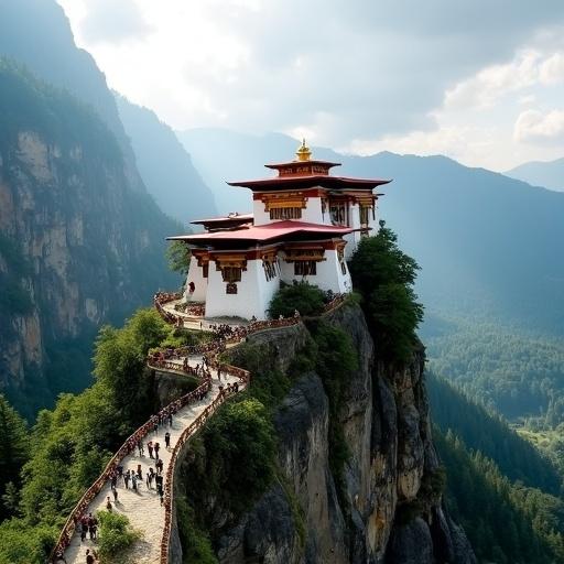 Panoramic view of Tiger's Nest Monastery in Bhutan. Built on a cliffside with lush green trees surrounding it. Majestic landscape with mountains in the background.