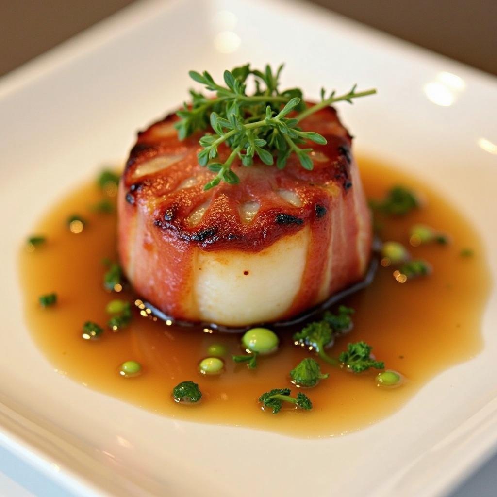 A gourmet dish featuring a scallop wrapped in bacon served on a white plate with sauce and garnished.