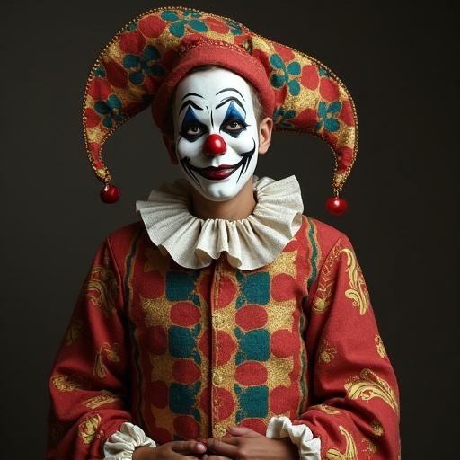 Image features an Italian Arlecchino clown wearing a colorful costume and striking makeup with historical significance.