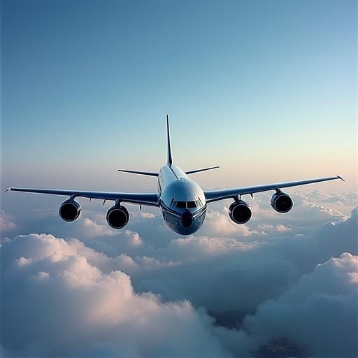 Mid-century Boeing 707-320 airliner flying above clouds with Pratt & Whitney engines and swept wings
