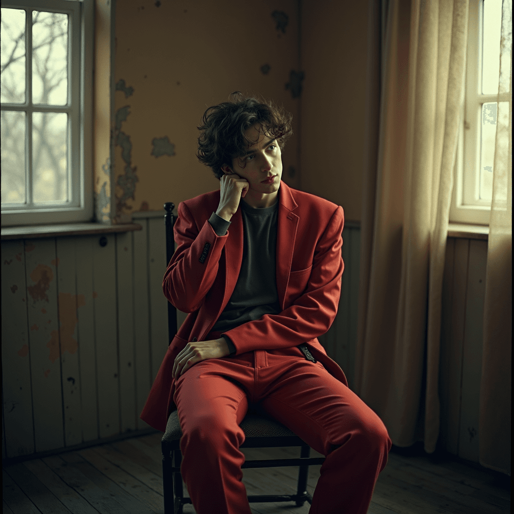 A person in a red suit sits thoughtfully in a dimly lit room with peeling wallpaper.