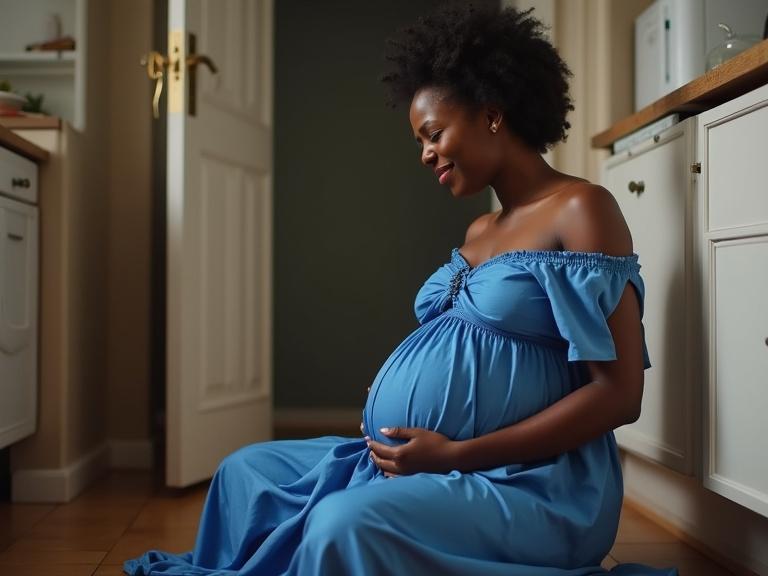 Pregnant woman wearing a blue gown sitting on the kitchen floor. Emotional expression. The scene captures a soft atmosphere in a homely setting.