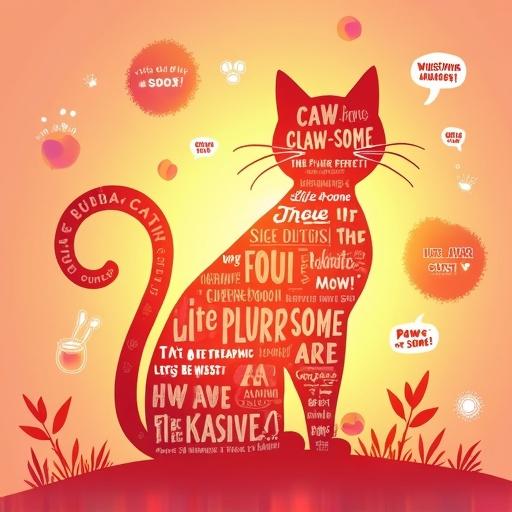 A whimsical artwork of a cat shape made of playful typography. The background has a sunset gradient with vibrant colors. Text includes puns like 'Fur-get your worries' and 'Life is PURR-fect'. The cat has triangle ears and a curved tail also made of text. Speech bubbles with cat-related phrases surround the cat. The overall mood is cheerful and warm with magical effects.