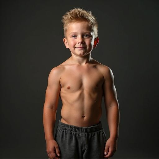 Realistic photo of a muscular blond boy aged 5 standing with a confident smile in a studio setting