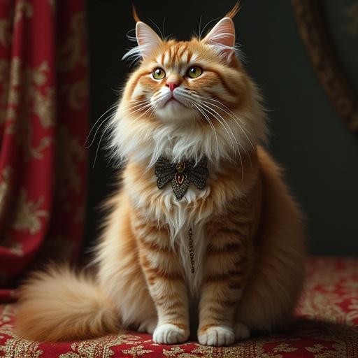 Elaborate fancy cat wearing a decorative bow tie with a beautiful backdrop.
