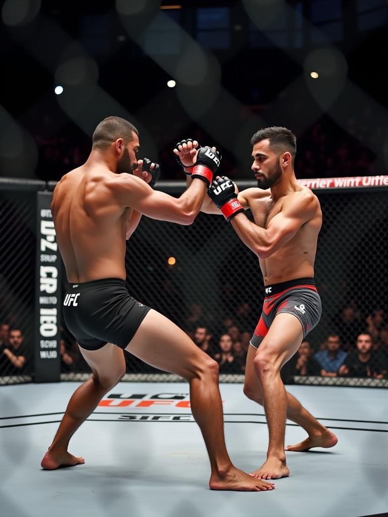 UFC fighters engage in close combat in the octagon. They are in Wing Chun stances displaying readiness. Focus on their muscular postures and fighting intensity. Bright arena lights illuminate their focused expressions.