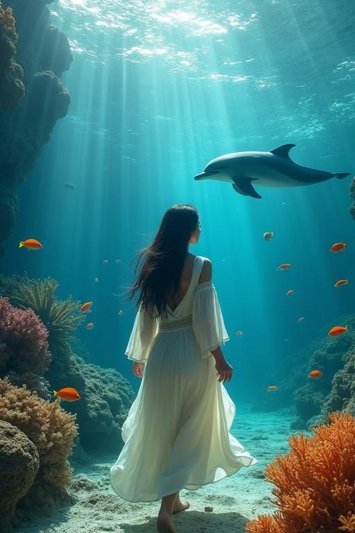 A hyper-realistic underwater scene. A young woman walks gracefully underwater in an old-style Arabic dress. Colorful coral reefs and small fish surround her. A dolphin swims joyfully behind her. Sunlight filters through the water, illuminating the scene.