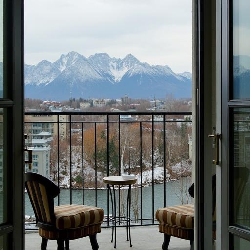 Vista desde el balcón de la suite de un hotel situado en Moscú. Se observa un paisaje montañoso con un río y un área urbana.