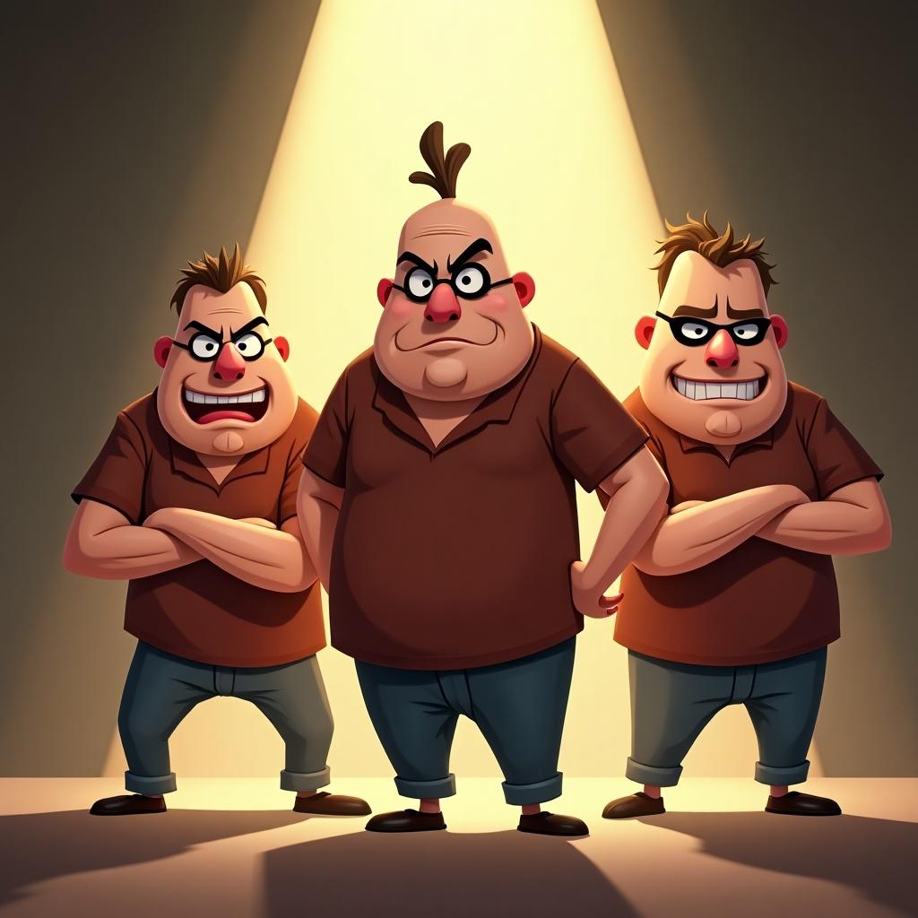 Three animated thug characters are showcased in a bright spotlight. They possess mischievous expressions and a fun, cartoonish appearance. Designed for GAGA Token promotion, characters are ready for action and engaging.