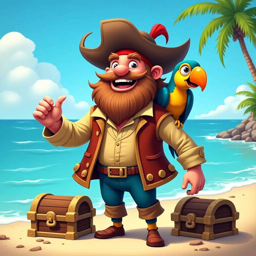 The image features a jolly pirate known as Sloboda standing on a sunny beach with a vibrant background. He has a big, welcoming smile and a whimsical beard, wearing a traditional pirate outfit. A colorful parrot is perched on his shoulder, adding to the playful vibe. Two treasure chests sit on the sandy beach beside him, hinting at adventure and treasure hunting. The scene is set against a backdrop of palm trees and a serene ocean, giving it a cheerful and adventurous energy.