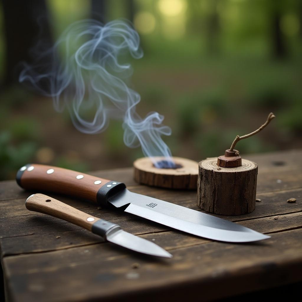 Showcase of knives on a wooden table. Smoke rising from a wooden fire striker. Natural forest background influences lighting and ambiance.