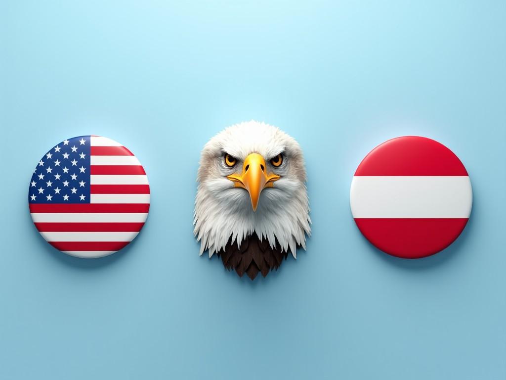 This image features a light blue background, ideal for a website header. On the left, a US flag is integrated, maintaining a height of 300 pixels. In the center, there is a photorealistic head of a bald eagle, also at 300 pixels height, exuding strength and focus. On the right, an Austrian flag is displayed, balancing the composition. The overall design creates a patriotic feeling, blending elements from both countries harmoniously.