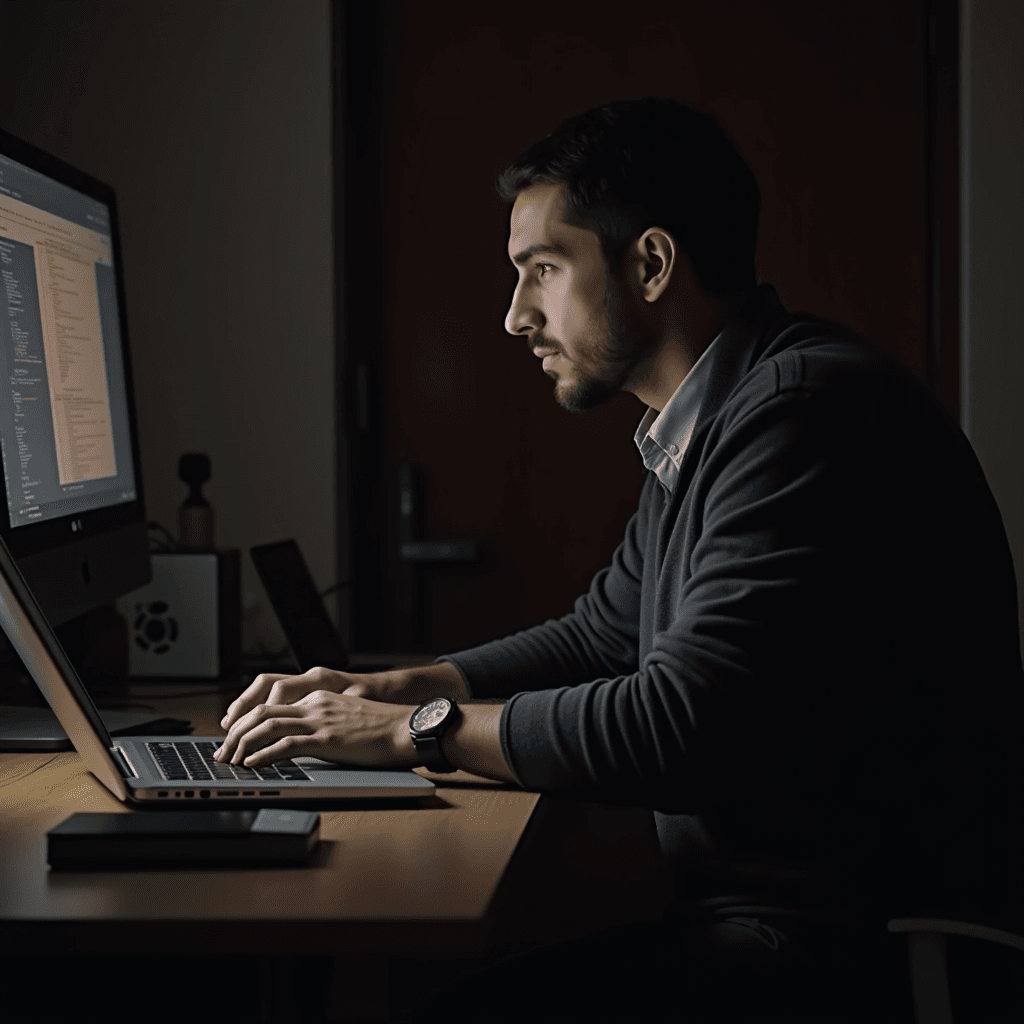 A man intently working on a laptop and external monitor in a dimly lit, cozy office environment.