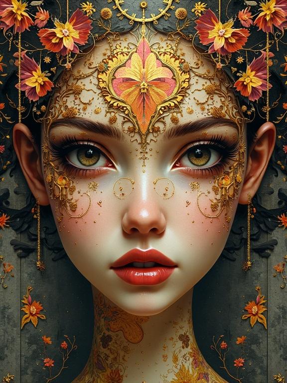 Portrait of a woman adorned with flowers in an intricate design. Rich colors and detailed patterns. Reflects cultural influences and modern artistry.