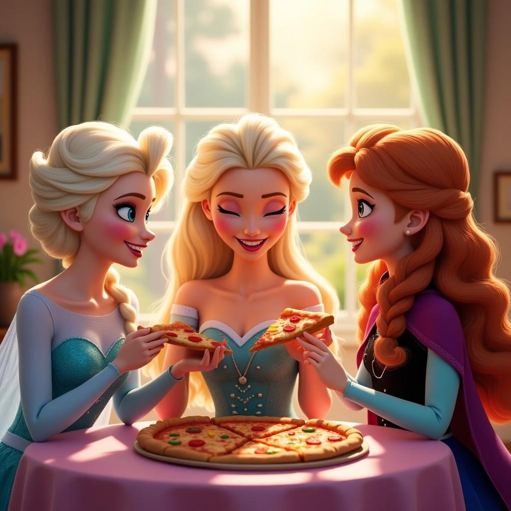 Three characters sharing pizza slices around a table. Brightly lit setting. Theme of friendship and merriment.