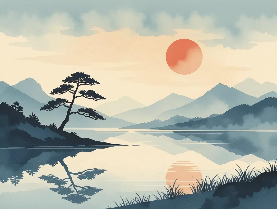 A minimalist landscape depicting a tranquil scene with a soft watercolor effect. A windswept tree stands near a calm shoreline with distant mountains in the background. The sky and water feature gentle gradients in muted earthy tones with indigo and vermilion accents. The composition emphasizes negative space, creating a serene and balanced visual experience.
