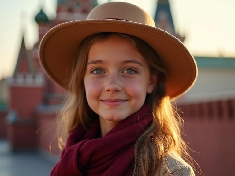 Close-up portrait of a young girl with a hat. She smiles enigmatically. Kremlin towers are visible behind her. Warm sunlight highlights her features. Rich autumn colors. Focus on details like fabric textures and eye reflections.
