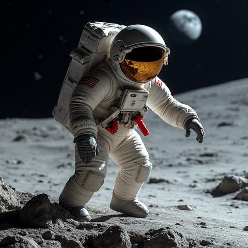 Astronaut dog jumping on the moon to catch a bone that is far out of reach