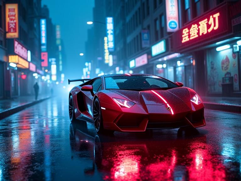 In a neon-lit alley of New York City in 2095. Vibrant blue and red lights illuminate wet pavement. Holographic visuals hover above. A futuristic Lamborghini drives silently, leaving a colorful light trail. Rain as a mirror reflects the scene. The atmosphere feels alive and pulsating.