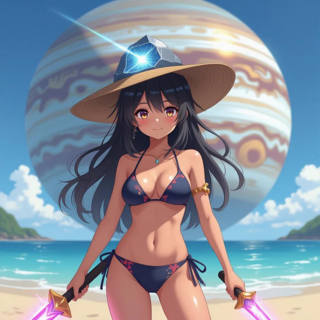 Anime girl wears bikini stands on Jupiter beach. She has a meteorite on her head. In her hands, she holds plasma sword. Background features Jupiter planet.
