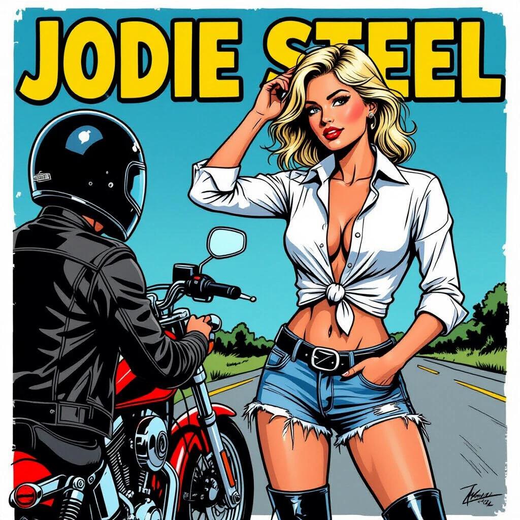 Comic-style illustration of a confident young woman. She has straw-blonde hair styled in a punk manner. Her white shirt is knotted at the front with sleeves rolled up. She wears ripped denim shorts and black boots. A motorcyclist stands nearby.