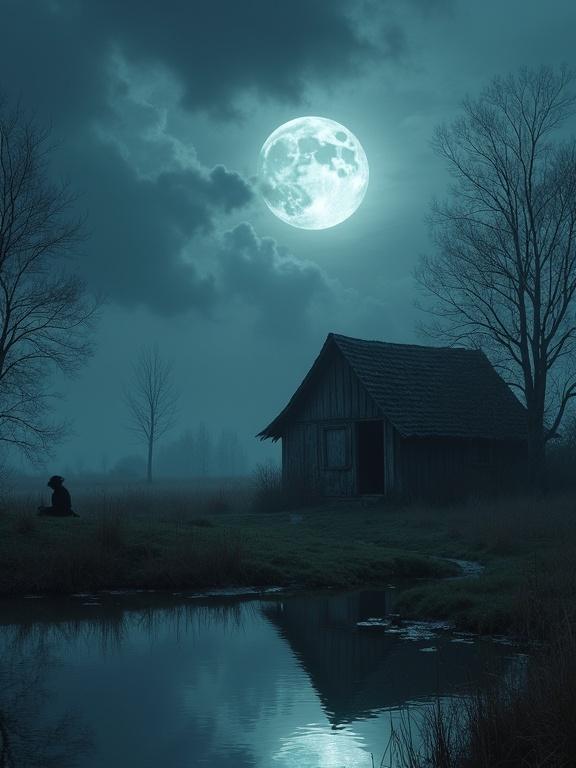 Mystical rural scene under bright full moon. Small weathered hut beside quiet pond. Night sky is moody with dark clouds. Lone figure sits by water reflecting in calm surroundings. Landscape is serene and haunting with nature's beauty and quiet solitude.