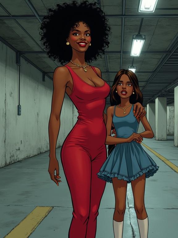 Comicbook illustration of two black women, mother and daughter, in an underground garage. Mother in a tight red dress with afro hairstyle. Daughter in a frilly blue dress. Mother smiles cruelly, daughter looks terrified.