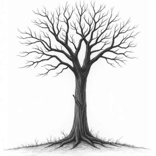 Sketch of a tree with many bare branches. The drawing is in black and white. The roots are visible at the base of the tree. The tree stands tall with no leaves.