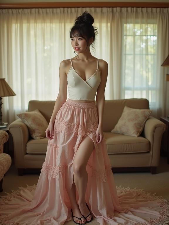 Full body photo of a stylish woman in a pink skirt and a tank top. The woman stands in a living room area filled with natural light. She has an updo hairstyle and wears sandals. The overall atmosphere is casual and inviting.