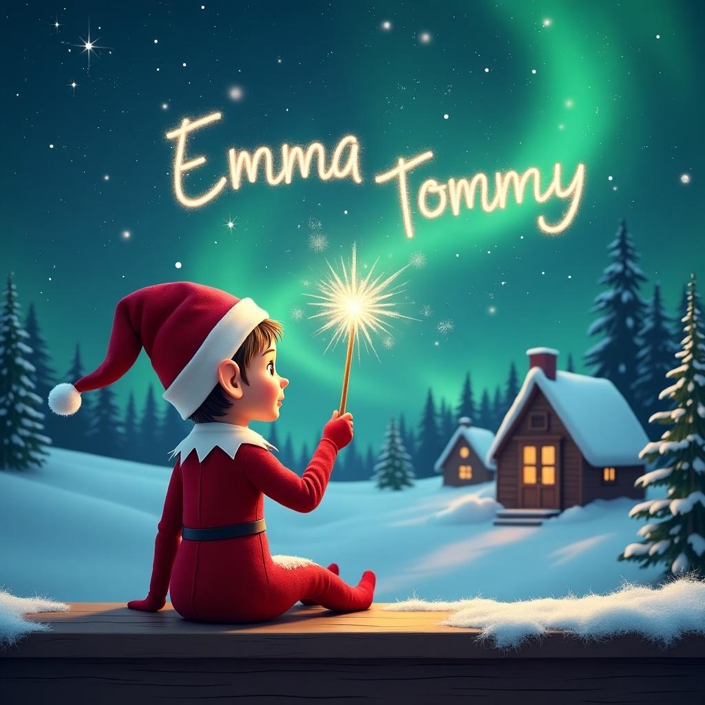 An elf sits on a wooden ledge, gazing at a magical night sky. Dressed in a red outfit and pointed hat, the elf holds a sparkling wand. The wand glows as the elf elegantly writes the names 'Emma' and 'Tommy' in the sparkling sky. The background features a snowy landscape with charming houses and evergreen trees. Above, the Northern Lights shimmer in beautiful colors, adding to the enchanting scene. This imagery captures the essence of childhood magic and the joy of Christmas.