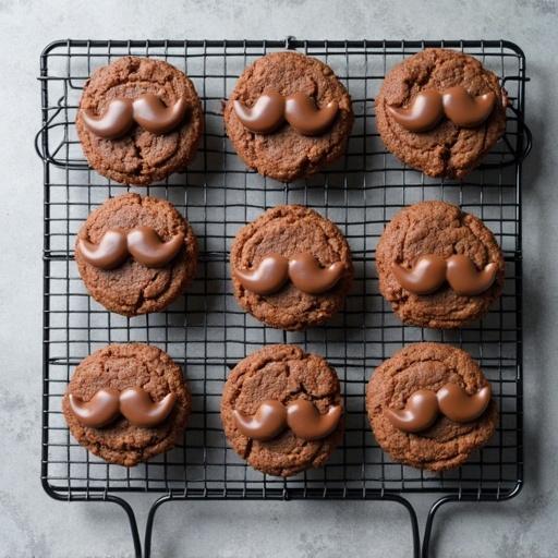 Chocolate cookies decorated with chocolate mustaches. Cooling rack displays cookies. Gray background provides clean view. Space available for text and additional designs.