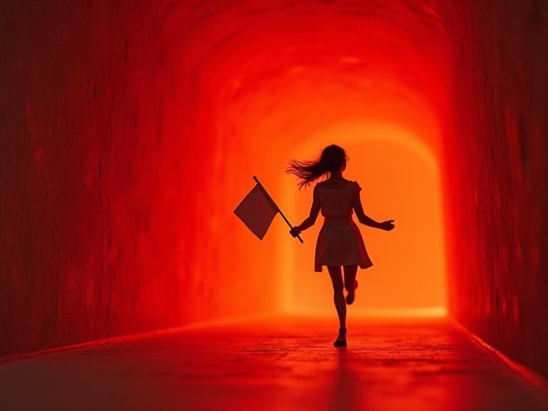 Figure runs through a glowing tunnel holding a small white flag. The background radiates warm colors. The scene evokes a sense of motion and exploration.