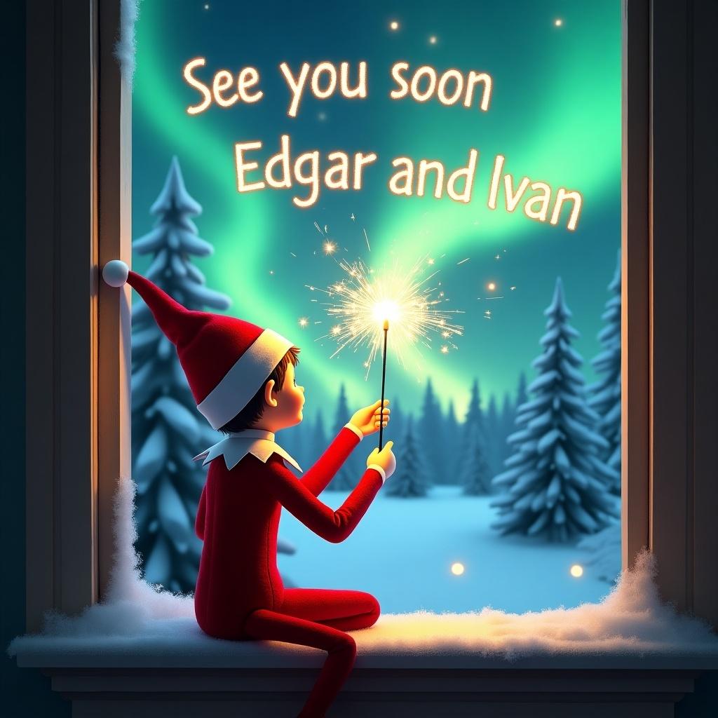 The image features an adorable elf on the shelf sitting on a window ledge, looking up at a stunning display of northern lights. He is using a magical wand to create twinkling sparks against the winter scene. The background includes snow-covered pine trees, enhancing the festive holiday feel. Dressed in a vibrant red outfit with white trim, the elf embodies the Christmas spirit. The enchanted colors of the aurora borealis create a magical ambiance in this cozy winter setting. The words in the sky read, 'See you soon Edgar and Ivan.'