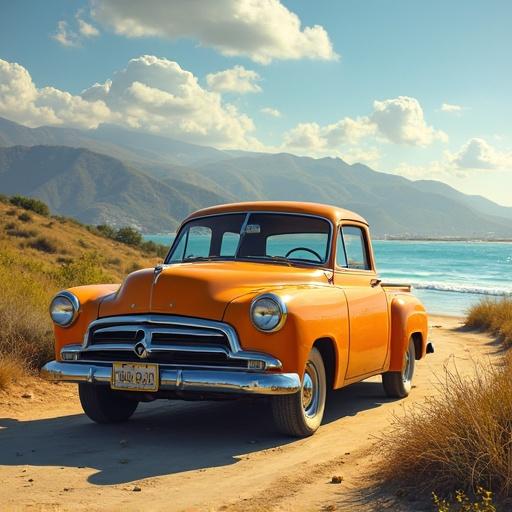 Image showcasing a vintage orange truck parked along a coastal dirt path during summer. Scenic background includes mountains, blue skies, and an ocean view.