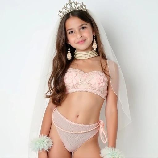 Girl wears pastel-colored bridal attire with a toy tiara. Long brunette hair flows down. Narrow mesh bikini bottom and large choker with rope detail. Playful expression. Soft veil drapes around. Fluffy pastel bracelets on wrists. Huge dangling earrings complete the look. Clean white background enhances the outfit.