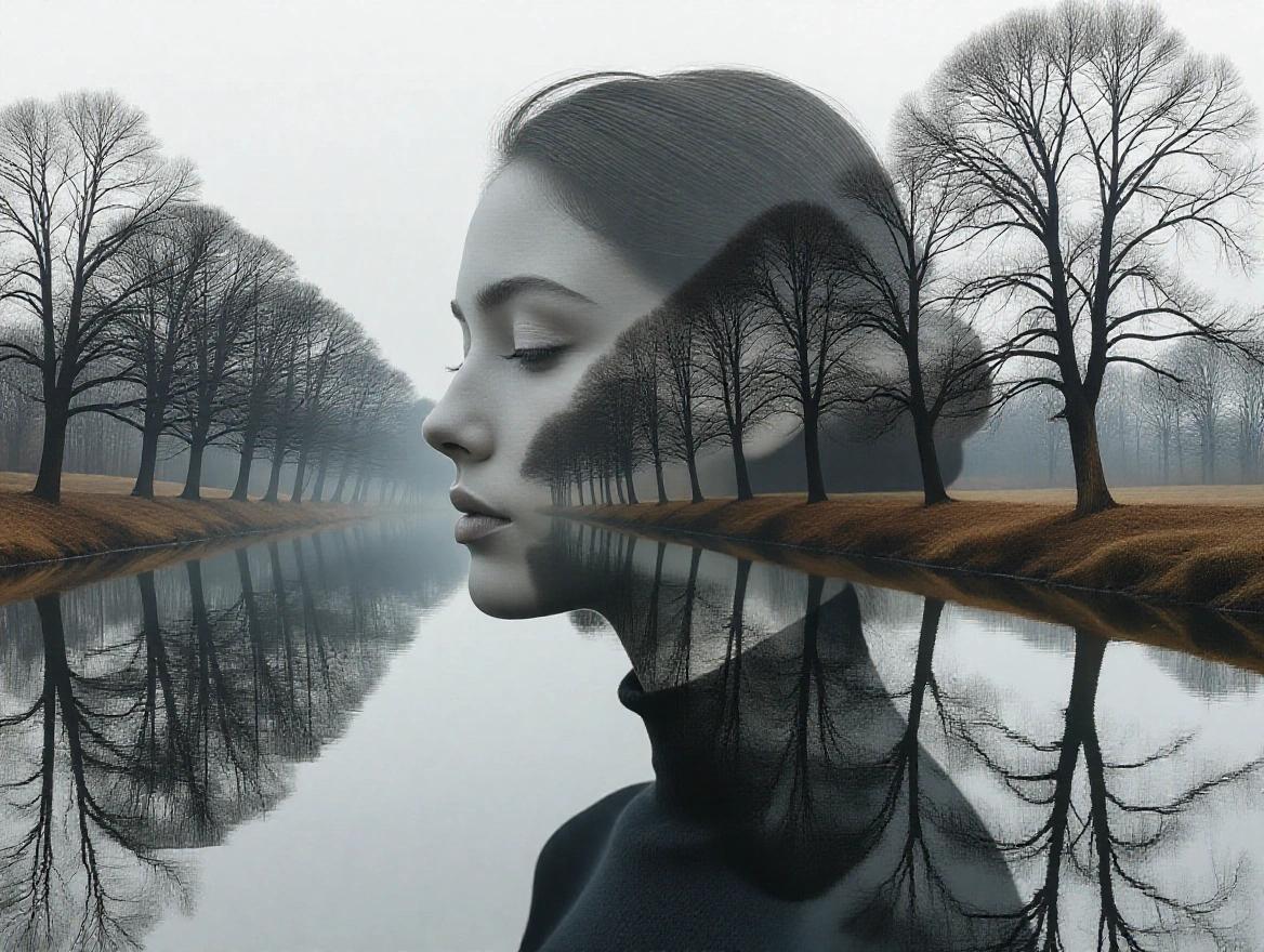 A surreal double exposure artwork features a woman's profile with a landscape of bare trees along a calm river. Trees and water stretch into the distance, merging with the woman's shadows. The reflection flows into her features, enhancing depth and symmetry. The style is minimalist, moody, and artistic with soft textures and high contrast.