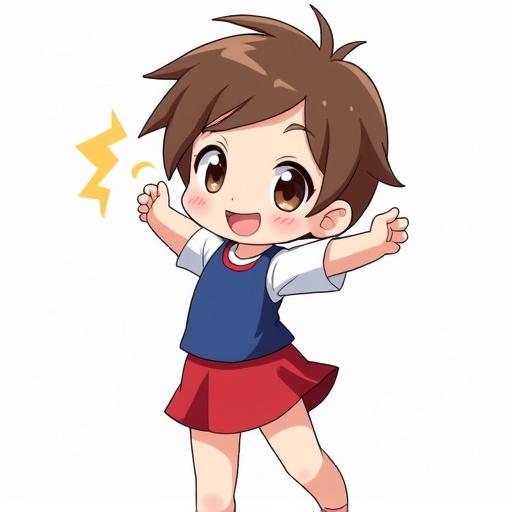 Kawaii anime-style boy with short swept brown hair wearing a red mini skirt and blue cheerleader dress. He has a cheerful expression and poses with hands near his head.