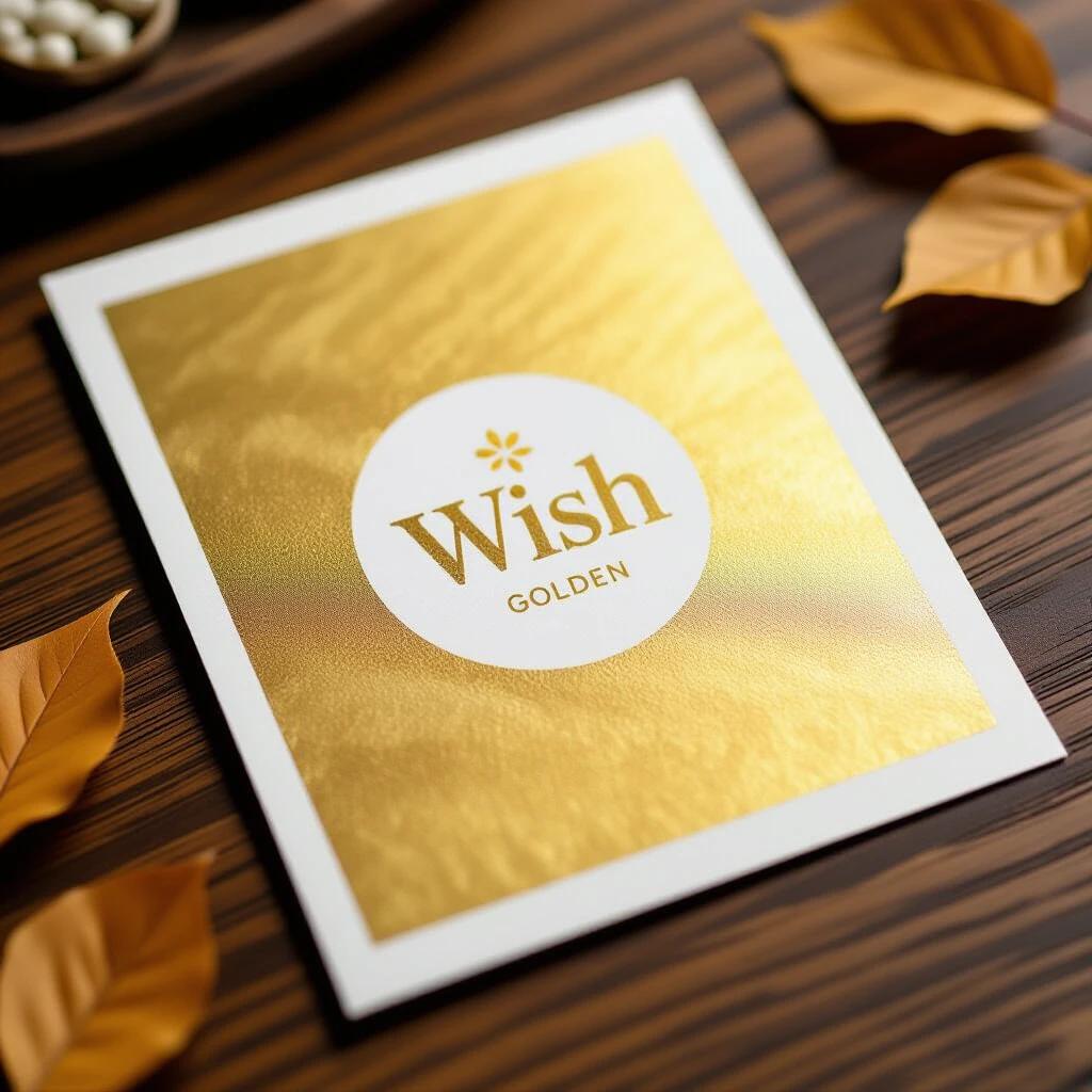 Photo of a golden logo printed on elegant stationery. Stationery placed on a wooden table. Leaves are scattered next to the stationery.