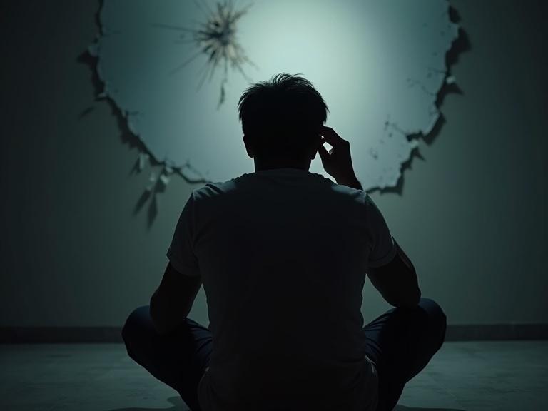 A young adult sits alone in a dimly lit room. One hand is on the forehead. The atmosphere is emotional and dramatic. Abstract cracks on the wall symbolize a mental barrier. A soft spotlight highlights the thoughtful expression.