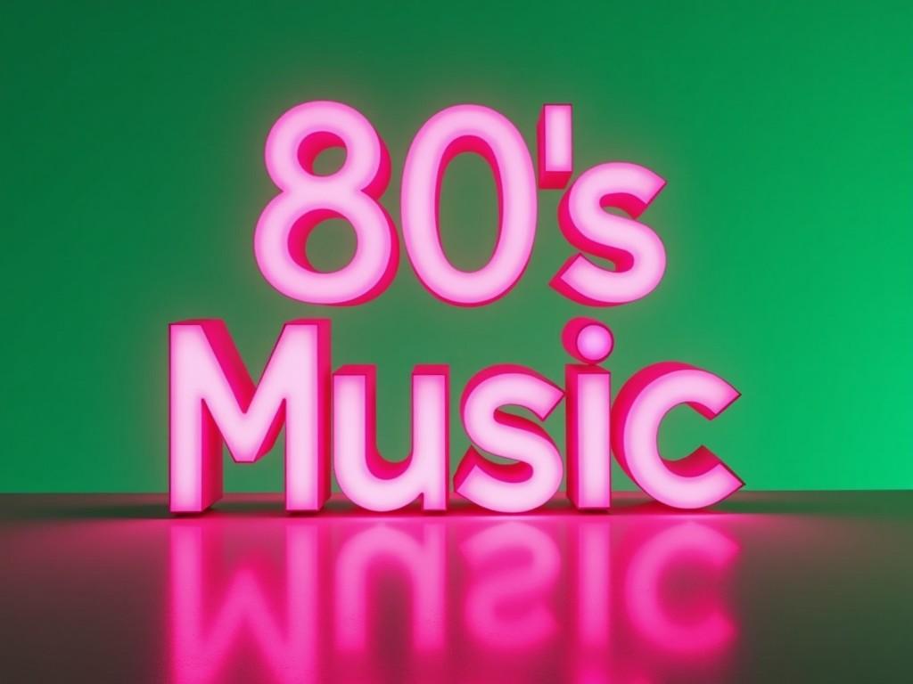 The image features illuminated text that reads '80's Music' against a vibrant green background. The text is styled in a bold, modern font with a neon pink glow that reflects on a flat surface. This bright and colorful aesthetic evokes a sense of nostalgia for the 1980s music era. The lighting contributes to a lively party atmosphere, making it suitable for various music-related promotions. Overall, the design is eye-catching and embodies the essence of the 80s vibe.