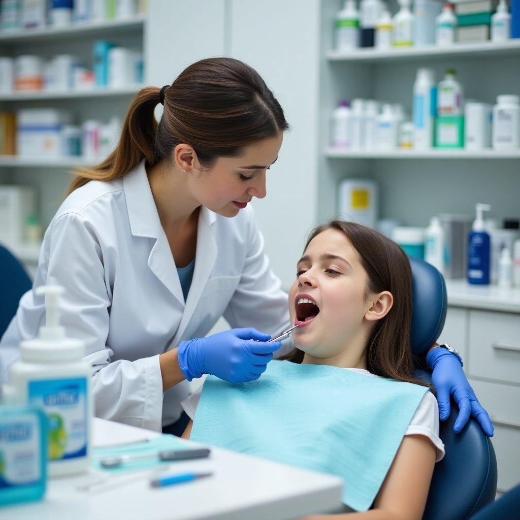 Dental professional treating young female patient in clinic. Professional wearing white lab coat. Patient looks uncomfortable with mouth open. Dental instruments on table. Organized shelves of dental supplies in background. Showcases attention to detail in dental practice.