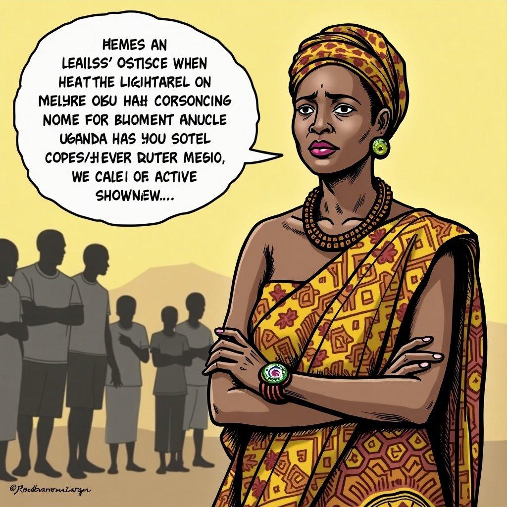 Portrait editorial cartoon featuring female commissioner from Uganda. Depiction of character in traditional attire. Representation of political context involving social media issues and maternal conflict.