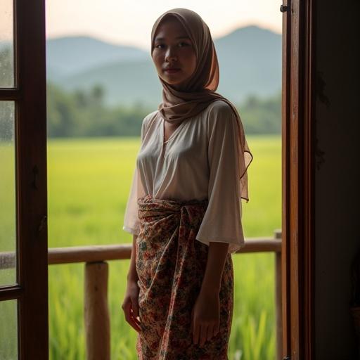22-year-old village woman in traditional clothing. Fair skin. Round face. Standing by wooden window. Wearing batik sarong. Simple blouse and hijab. Neutral lighting. Backdrop of rice fields and mountains. Full body view. Natural appearance. Soft light enhances silhouette. Capture warm sunset tones with bokeh background. Wind gently moves kebaya.