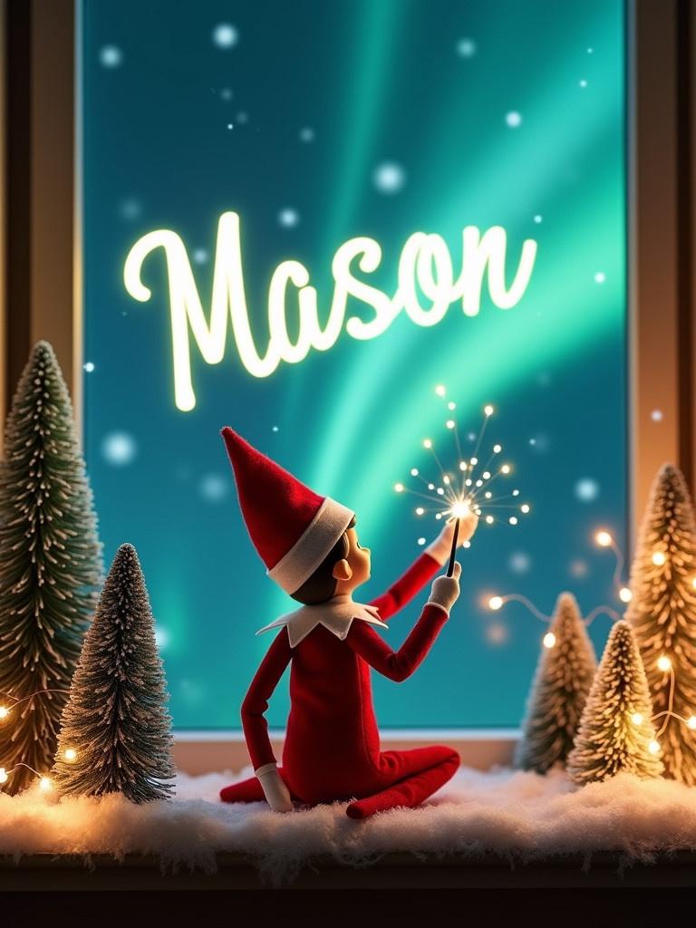 An enchanting Christmas scene shows a playful elf on the shelf. The elf is dressed in red and white. It faces the sky with its back to the viewer. The elf wields a magic wand. It creates glowing words 'Mason' above. The backdrop has stunning northern lights. The scene is filled with color and a magical ambiance. Surrounding the elf are snow-covered trees with twinkling lights. This enhances the festive atmosphere.