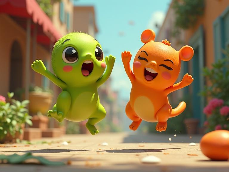 Cheerful animated characters in a vibrant street scene. Lime green and vibrant orange creatures display joy while jumping together.