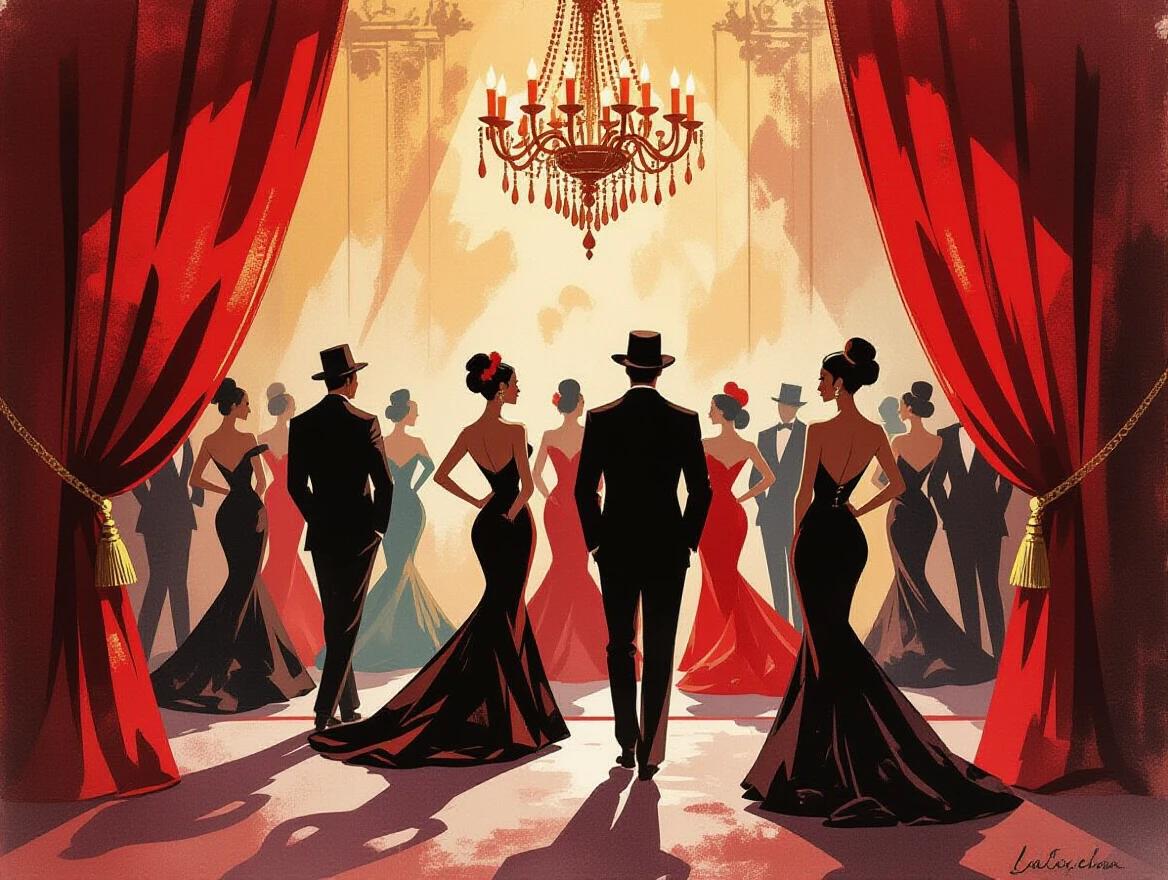Performers preparing in an intimate backstage setting Dramatic and nostalgic ambiance illuminated by spotlight Elegant silhouettes framed by rich curtains Soft light enhances shadows and contrasts Among performers express various emotions