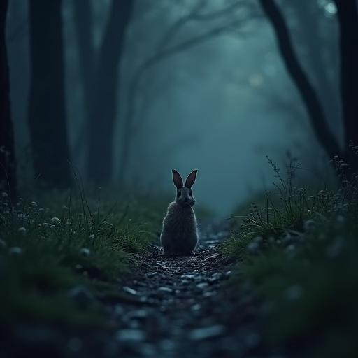 A tiny lost rabbit appears confused in a dark forest path at night. The scene captures a sense of silence and solitude.